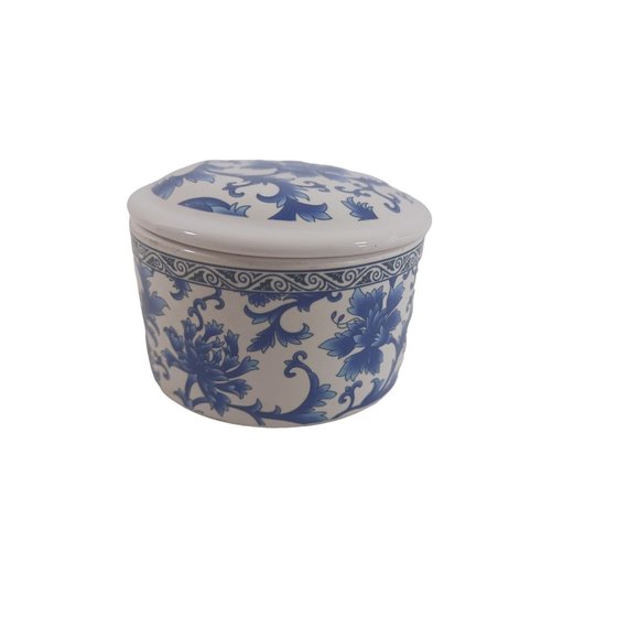 Vtg Round 2"x2.75" Lidded Trinket Box Delft Blue Hand Painted Oriental Porcelain - Picture 1 of 6